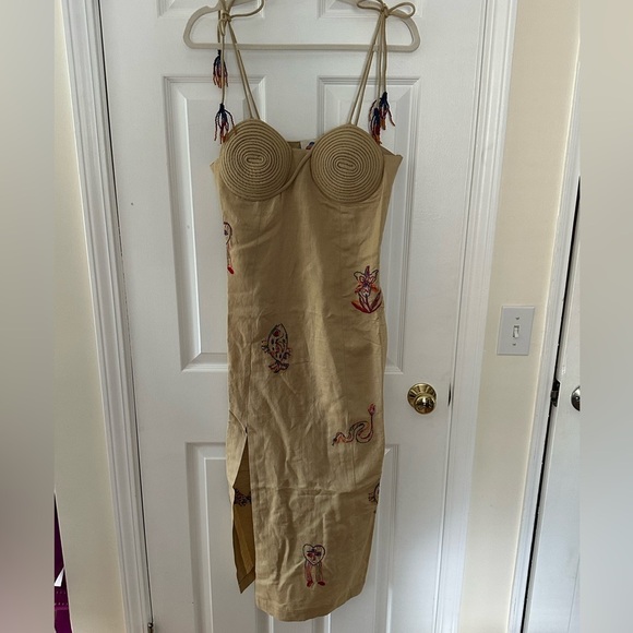 FARM Rio x Anthropologie Tan Embroidered Linen Blend Midi Dress NEW small - Picture 15 of 15